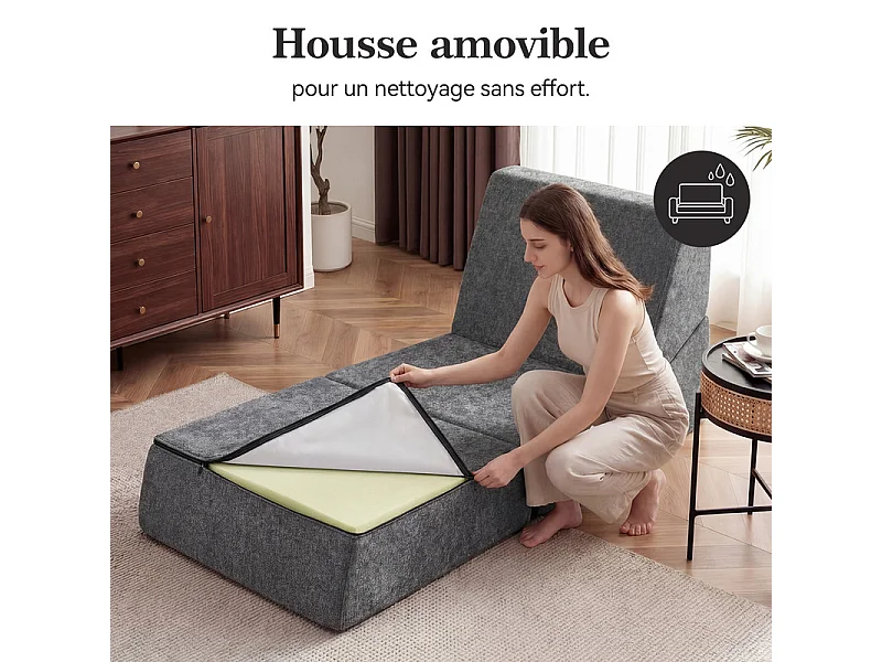 Canapé Lit 1 Place 3 En 1 – Gris, Haute Densité, Pour Petit Espace