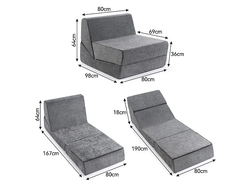 Canapé Lit 1 Place 3 En 1 – Gris, Haute Densité, Pour Petit Espace