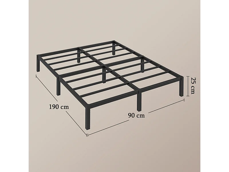 Lit 90x190 cm INRE, Cadre de Lit Double en Métal avec Lattes, Charge Max. 350 kg, Montage Facile, Lit 2 Personnes Silencieux, Noir