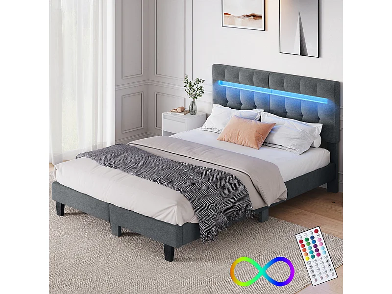 Lit 180x200 cm HavenlyHome, Lit en Lin avec Tête de Lit et LED, Lit Double avec Sommier à Lattes, Lit Adulte pour 2 Personnes, Gris