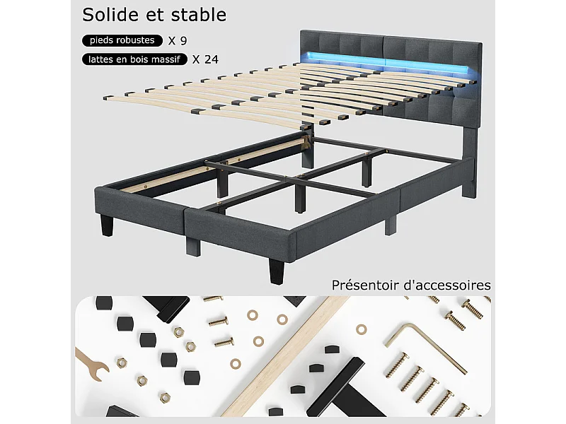 Lit 180x200 cm HavenlyHome, Lit en Lin avec Tête de Lit et LED, Lit Double avec Sommier à Lattes, Lit Adulte pour 2 Personnes, Gris