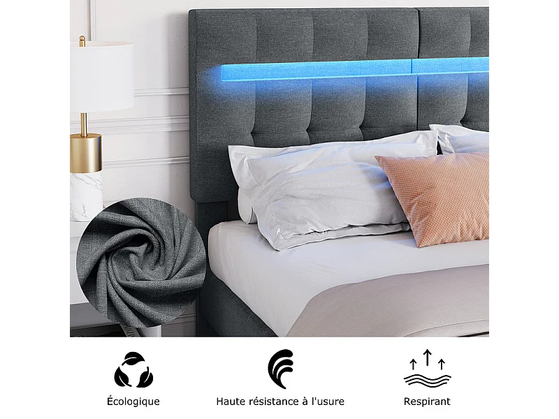Lit 180x200 cm HavenlyHome, Lit en Lin avec Tête de Lit et LED, Lit Double avec Sommier à Lattes, Lit Adulte pour 2 Personnes, Gris