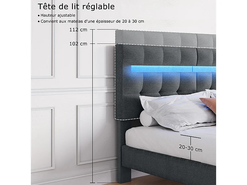 Lit 180x200 cm HavenlyHome, Lit en Lin avec Tête de Lit et LED, Lit Double avec Sommier à Lattes, Lit Adulte pour 2 Personnes, Gris