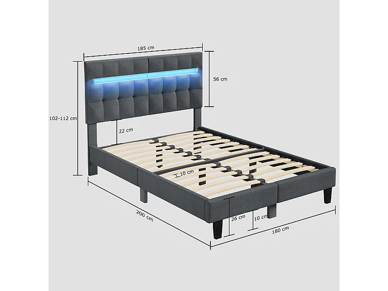 Lit 180x200 cm HavenlyHome, Lit en Lin avec Tête de Lit et LED, Lit Double avec Sommier à Lattes, Lit Adulte pour 2 Personnes, Gris