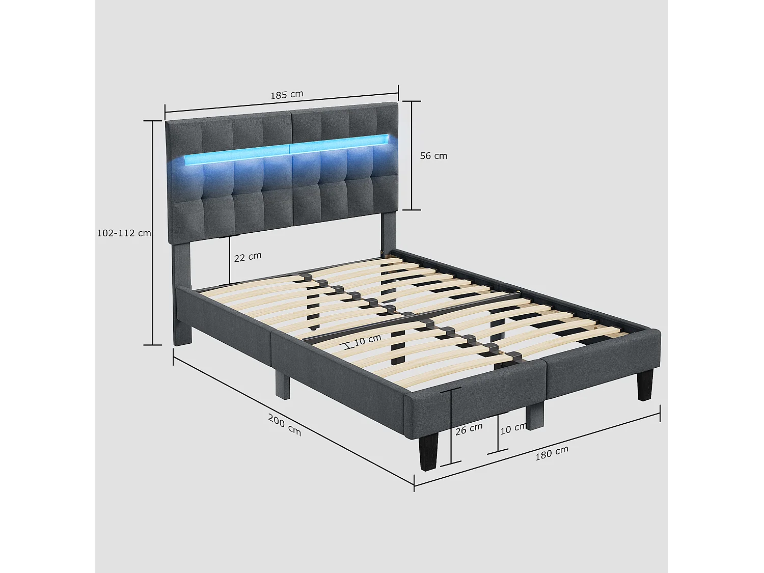 Lit 180x200 cm HavenlyHome, Lit en Lin avec Tête de Lit et LED, Lit Double avec Sommier à Lattes, Lit Adulte pour 2 Personnes, Gris