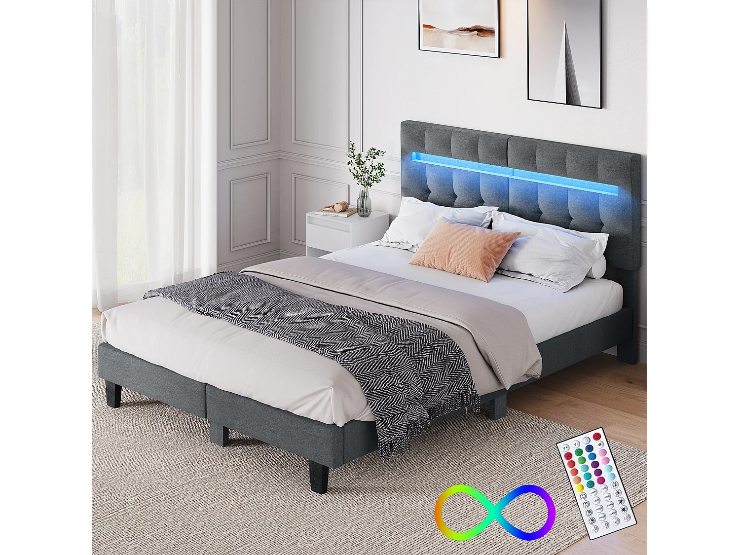 Lit 180x200 cm HavenlyHome, Lit en Lin avec Tête de Lit et LED, Lit Double avec Sommier à Lattes, Lit Adulte pour 2 Personnes, Gris