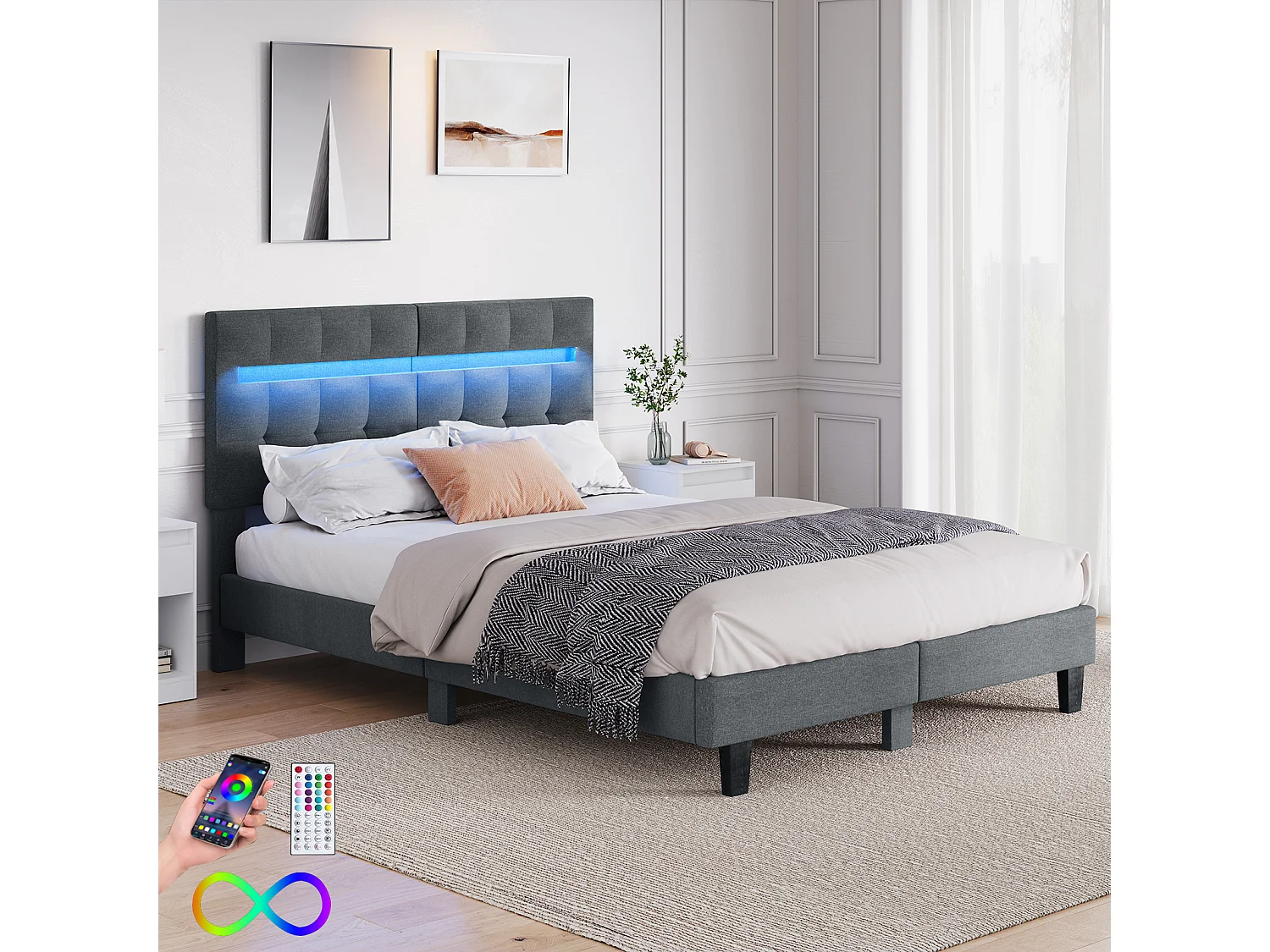 Lit 180x200 cm HavenlyHome, Lit en Lin avec Tête de Lit et LED, Lit Double avec Sommier à Lattes, Lit Adulte pour 2 Personnes, Gris