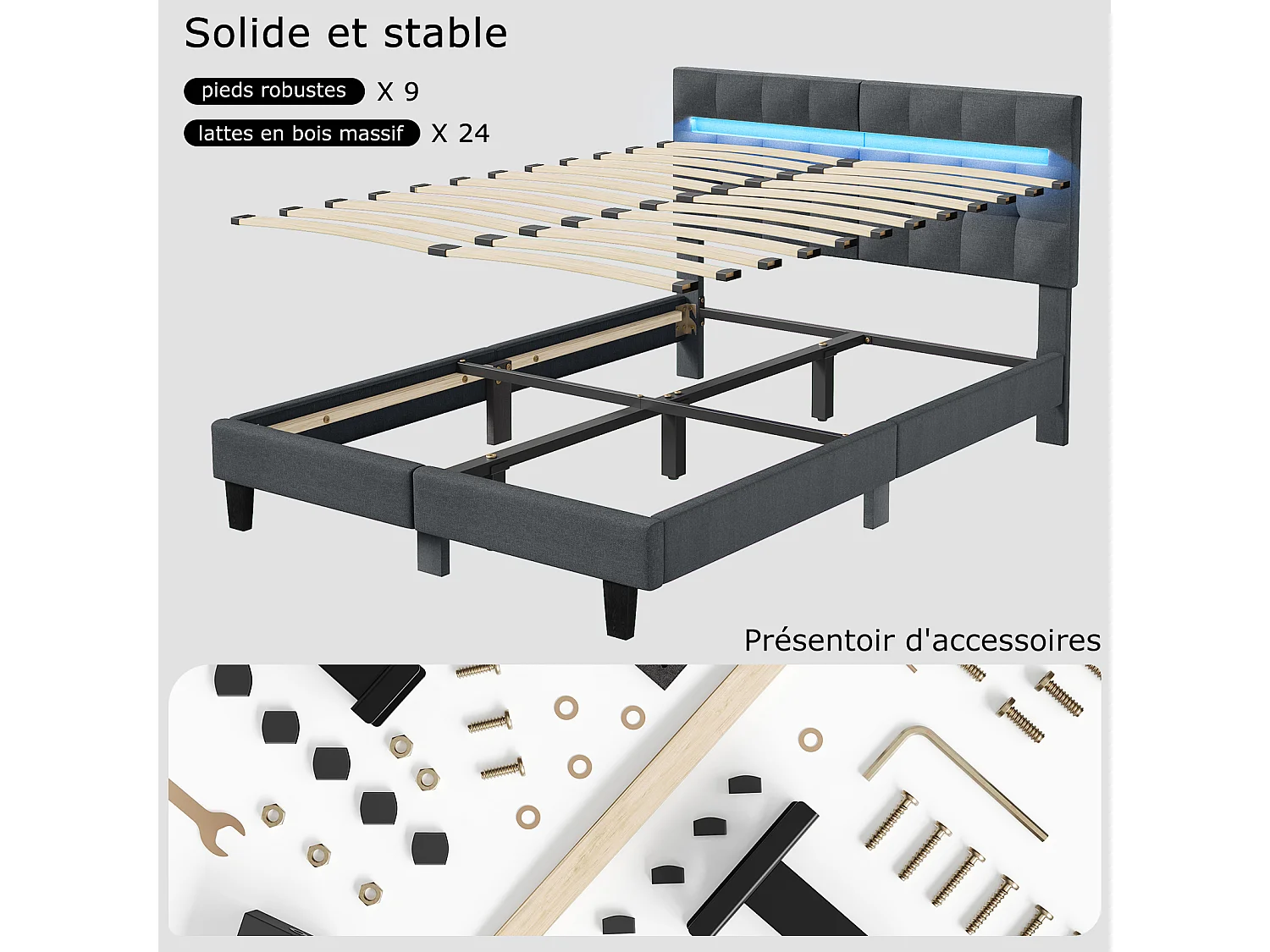 Lit 180x200 cm HavenlyHome, Lit en Lin avec Tête de Lit et LED, Lit Double avec Sommier à Lattes, Lit Adulte pour 2 Personnes, Gris