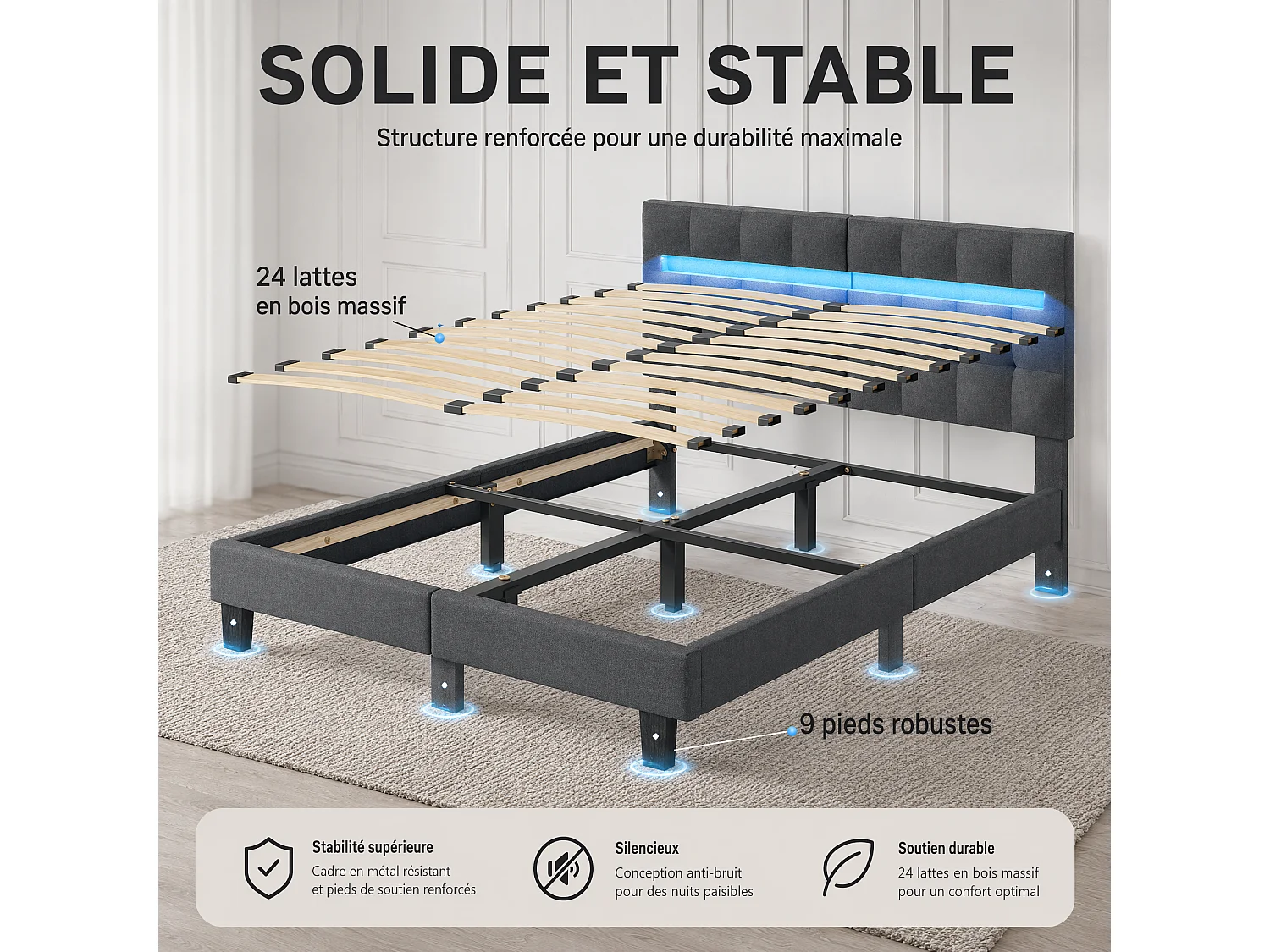 Lit 180x200 cm HavenlyHome, Lit en Lin avec Tête de Lit et LED, Lit Double avec Sommier à Lattes, Lit Adulte pour 2 Personnes, Gris