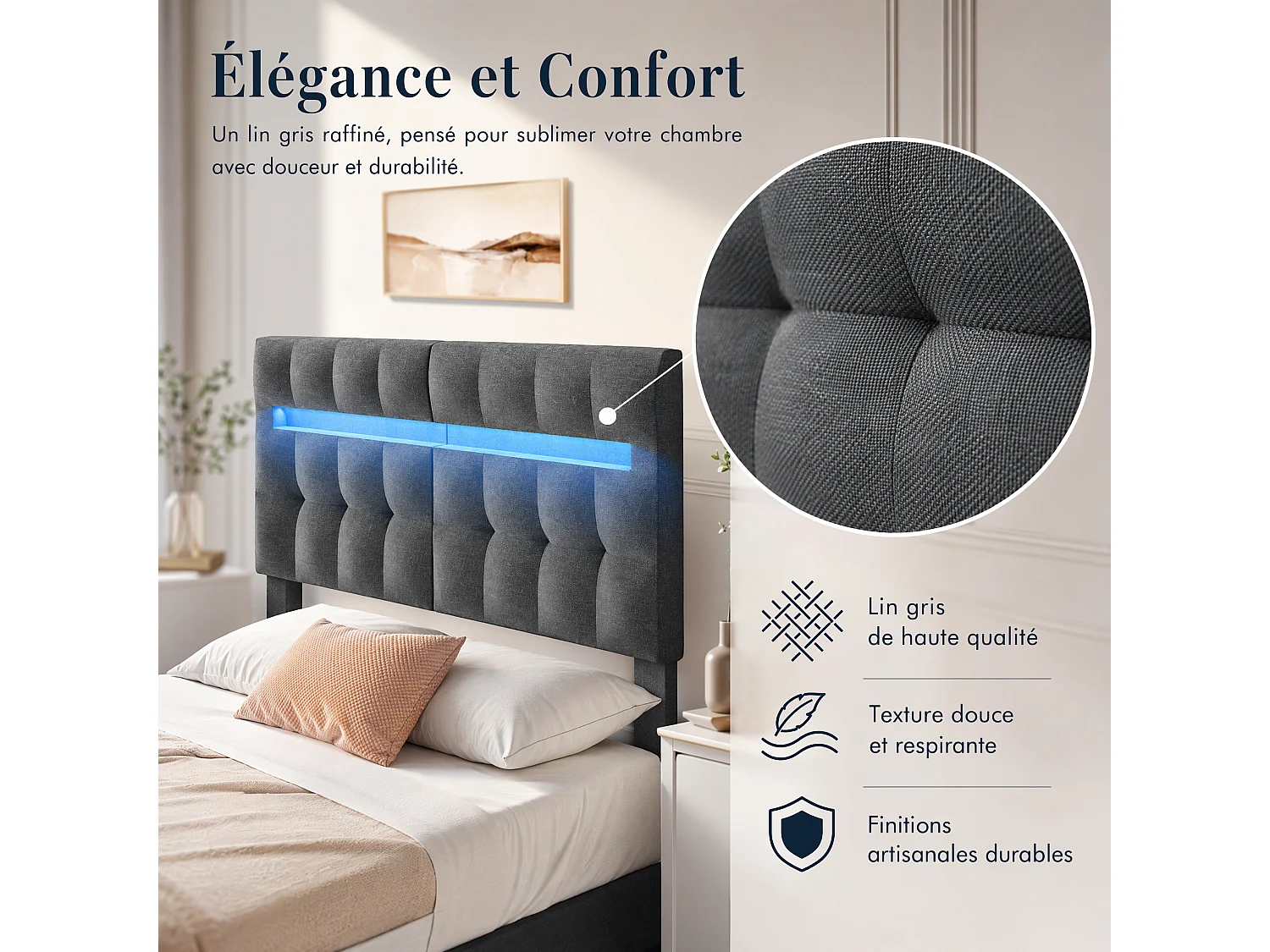 Lit 180x200 cm HavenlyHome, Lit en Lin avec Tête de Lit et LED, Lit Double avec Sommier à Lattes, Lit Adulte pour 2 Personnes, Gris