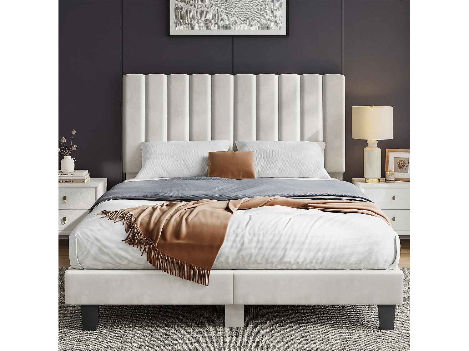 Lit 180x200 cm - HavenlyHome - Beige Velours Tête de Lit Réglable, Montage Facile, Silencieux,Avec Rangement,Adulte Pour 2 Personnes