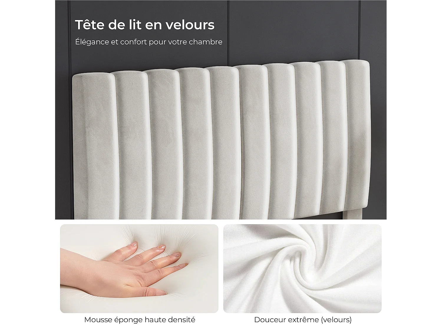Lit 180x200 cm - HavenlyHome - Beige Velours Tête de Lit Réglable, Montage Facile, Silencieux,Avec Rangement,Adulte Pour 2 Personnes