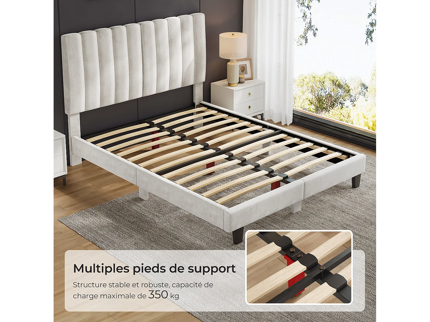 Lit 180x200 cm - HavenlyHome - Beige Velours Tête de Lit Réglable, Montage Facile, Silencieux,Avec Rangement,Adulte Pour 2 Personnes