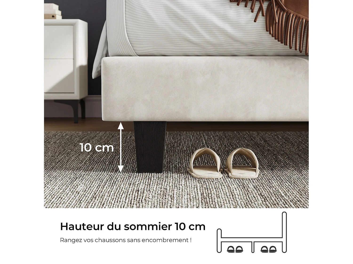 Lit 180x200 cm - HavenlyHome - Beige Velours Tête de Lit Réglable, Montage Facile, Silencieux,Avec Rangement,Adulte Pour 2 Personnes