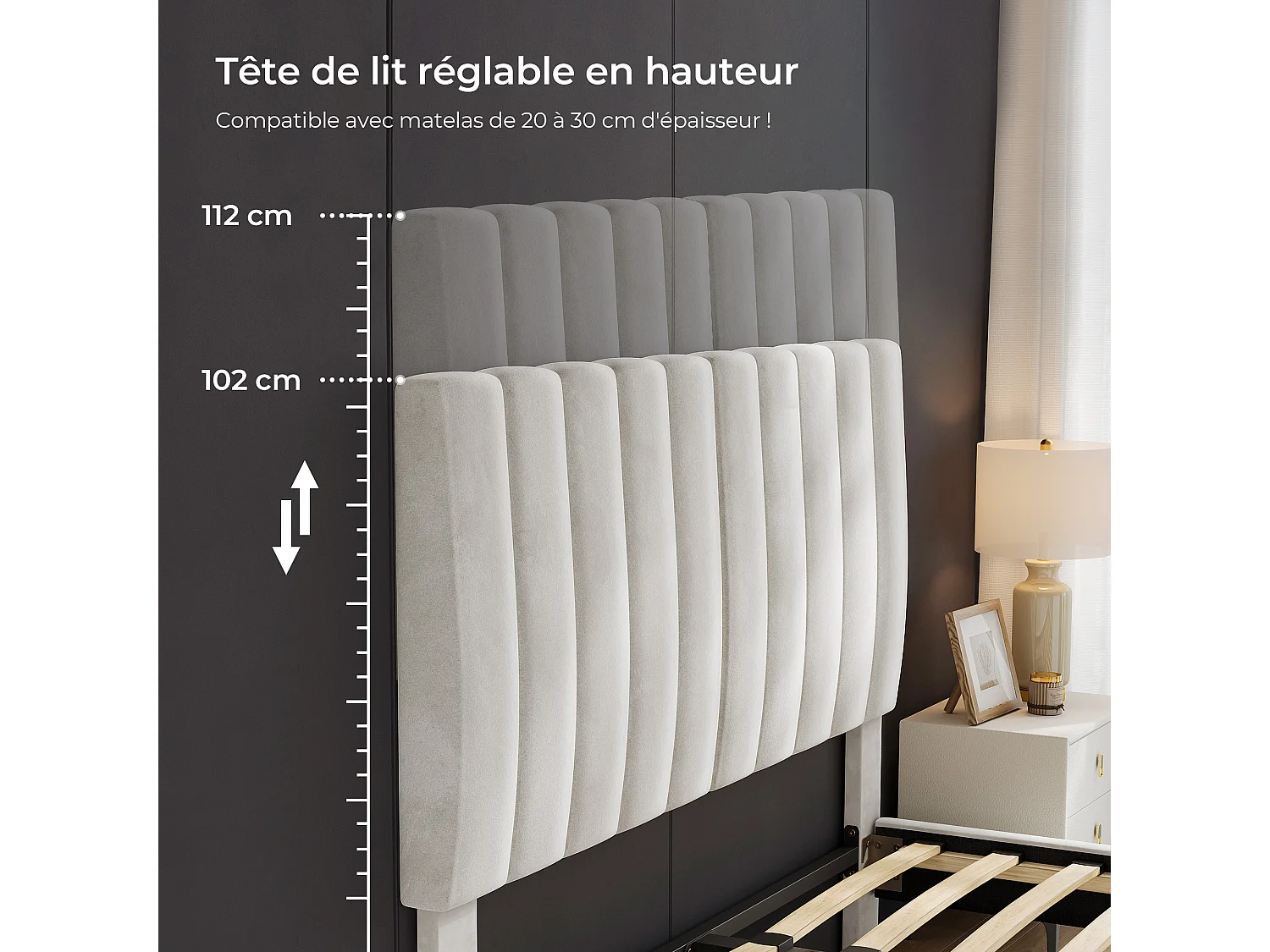 Lit 180x200 cm - HavenlyHome - Beige Velours Tête de Lit Réglable, Montage Facile, Silencieux,Avec Rangement,Adulte Pour 2 Personnes