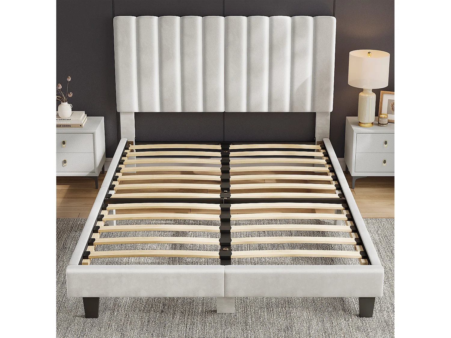 Lit 180x200 cm - HavenlyHome - Beige Velours Tête de Lit Réglable, Montage Facile, Silencieux,Avec Rangement,Adulte Pour 2 Personnes
