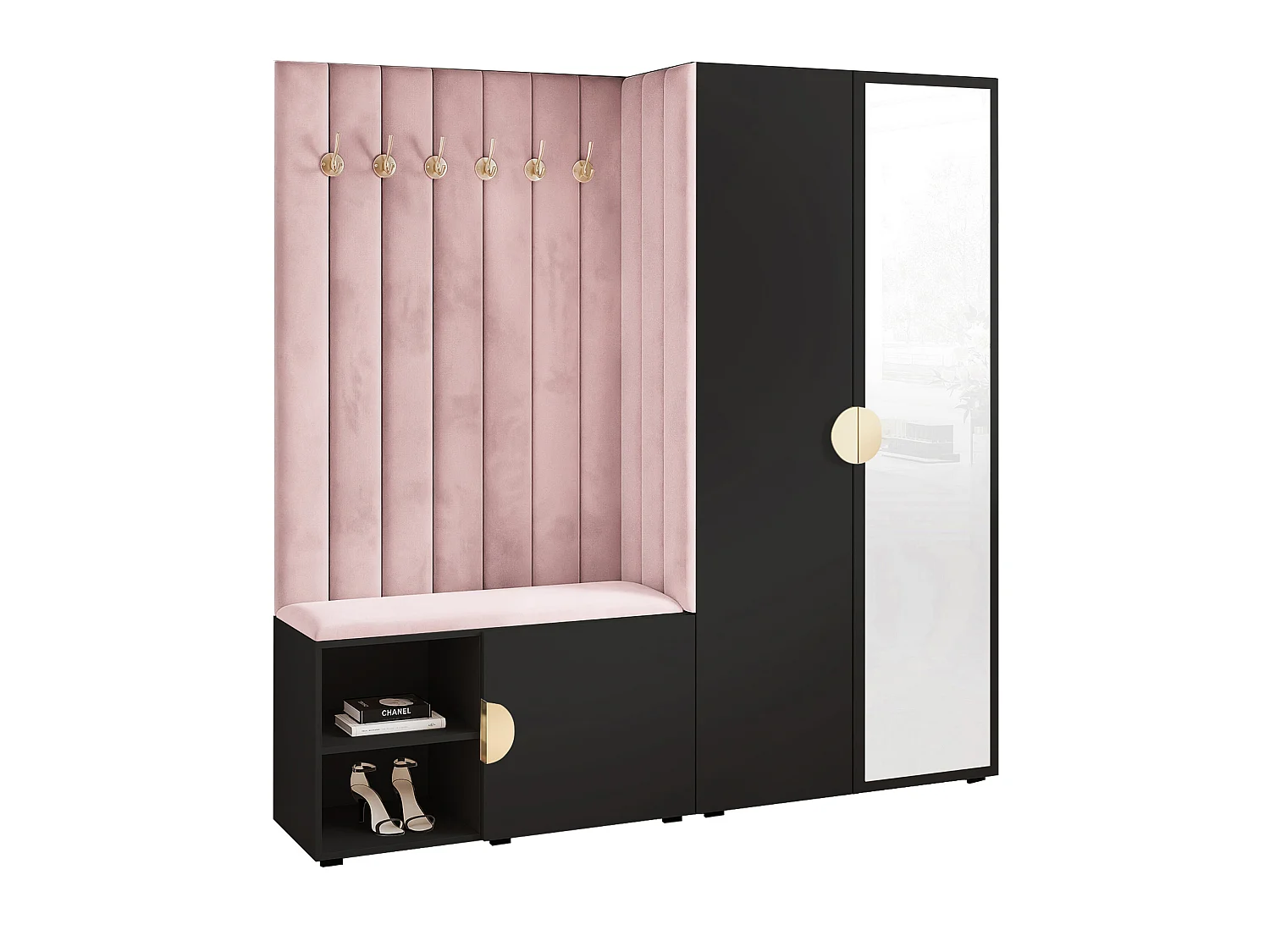 Garderobe Aria 190 cm Schwarz Gepolstert Rosa Soft-Close Griffe Gold