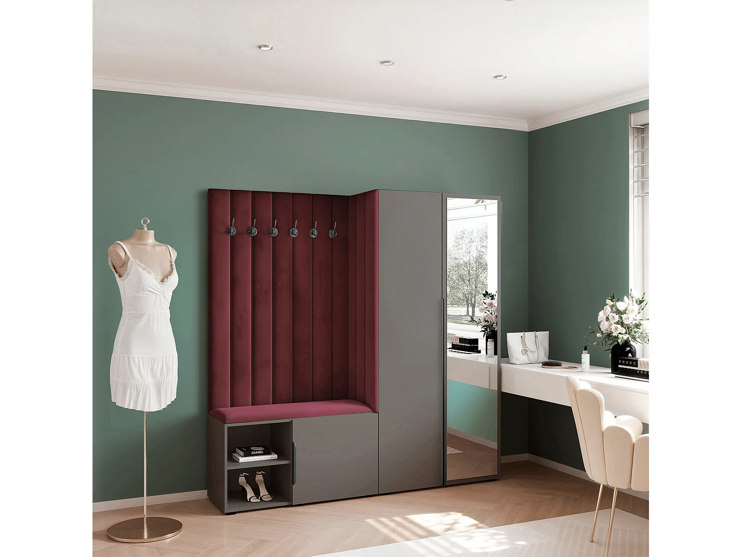 Garderobe Aria 190 cm Grau Gepolstert Bordeaux Soft-Close Griffe Schwarz