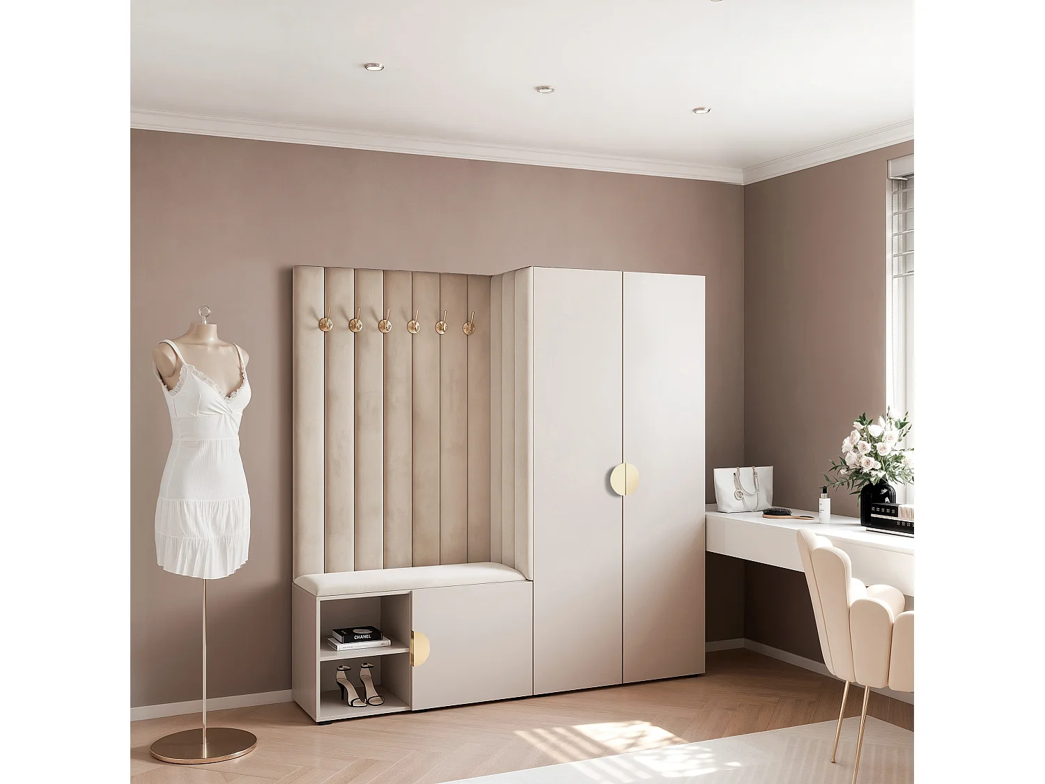 Garderobe Aria 190 cm Kaschmir Gepolstert Kaschmir Soft-Close Griffe Gold