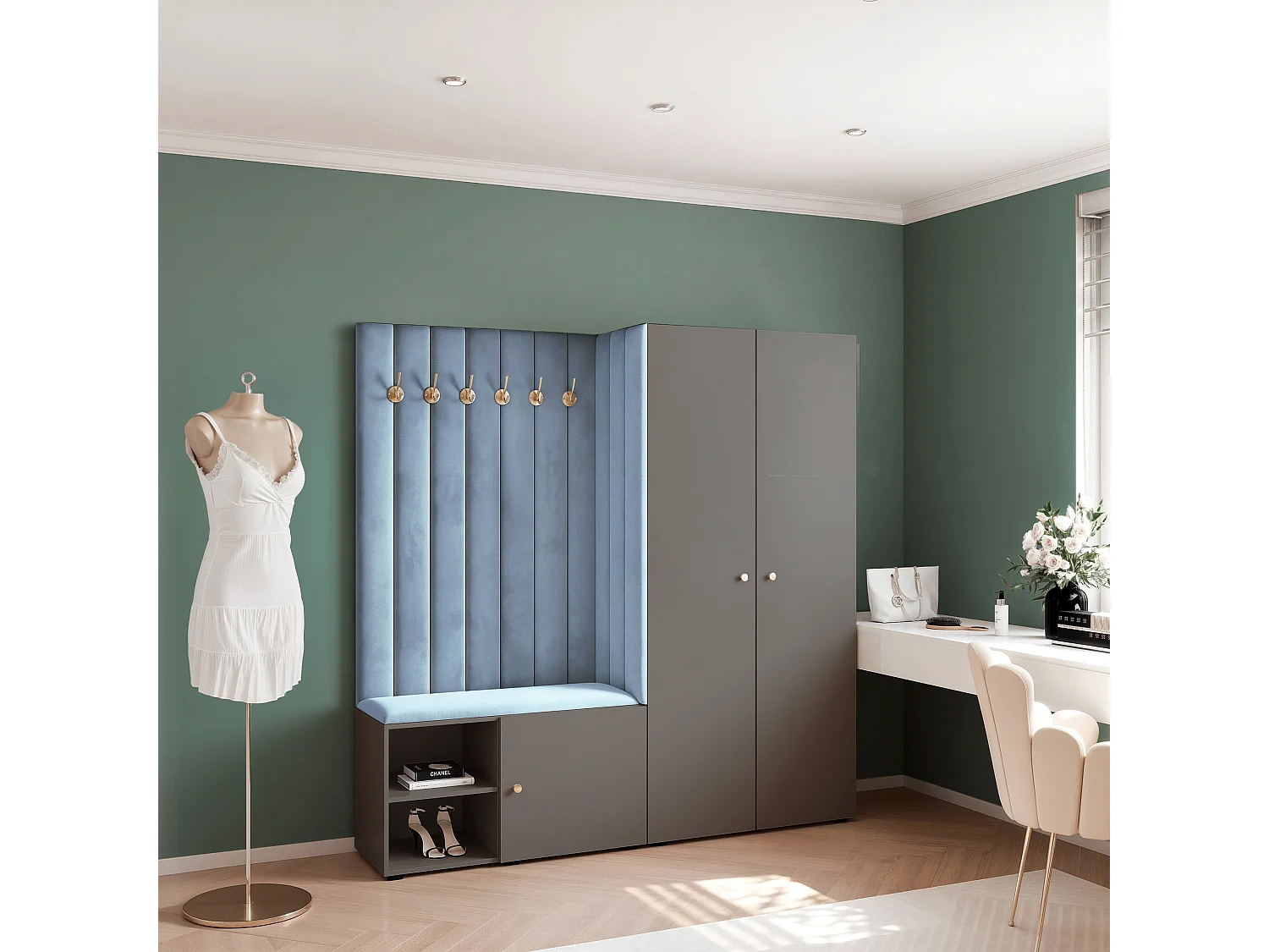 Garderobe Aria 190 cm Grau Gepolstert Hellblau Soft-Close Griffe Gold