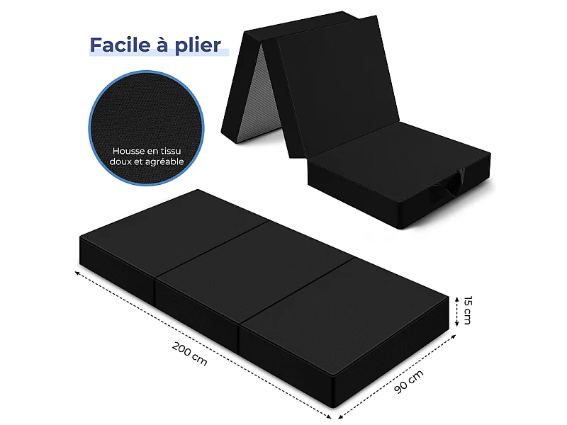 Matelas futon pliable INRE mousse polyuréthane 1 personne noir lit d appoint