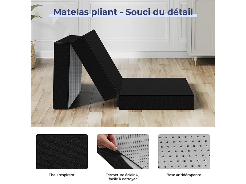 Matelas futon pliable INRE mousse polyuréthane 1 personne noir lit d appoint