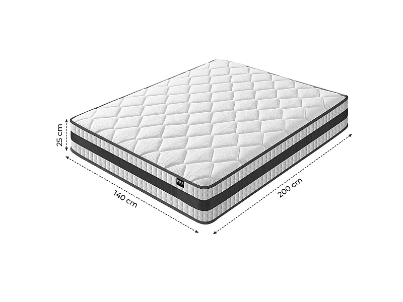 Matelas Hybride 140x200 cm INRE, Épais 25cm, Ressorts Ensachés + Mémoire de Forme, Moyenne Ferme, 7 Zones de Confort, Respirant