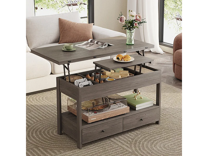 Verstelbare salontafel HAVENLYHOME - Opklapbaar blad, 2 laden & verborgen opbergruimte - 50x100x52-68 cm - Grijs