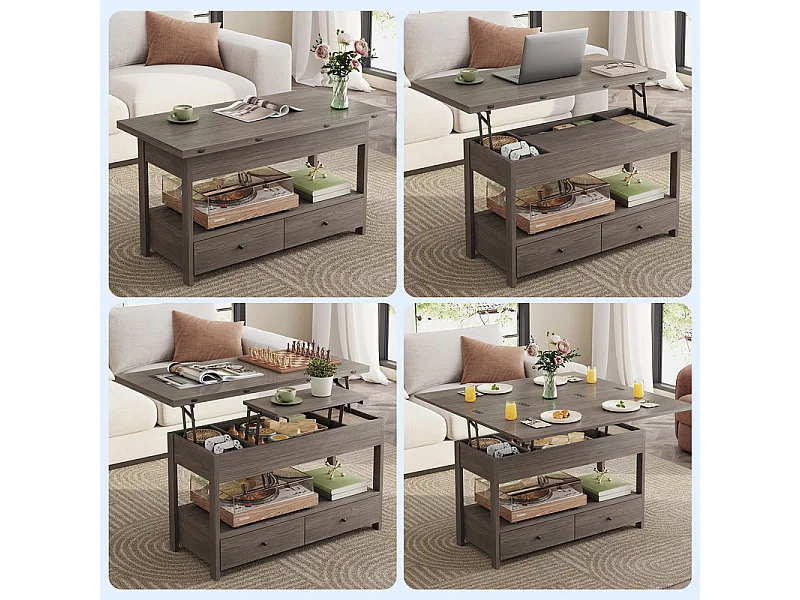 Verstelbare salontafel HAVENLYHOME - Opklapbaar blad, 2 laden & verborgen opbergruimte - 50x100x52-68 cm - Grijs