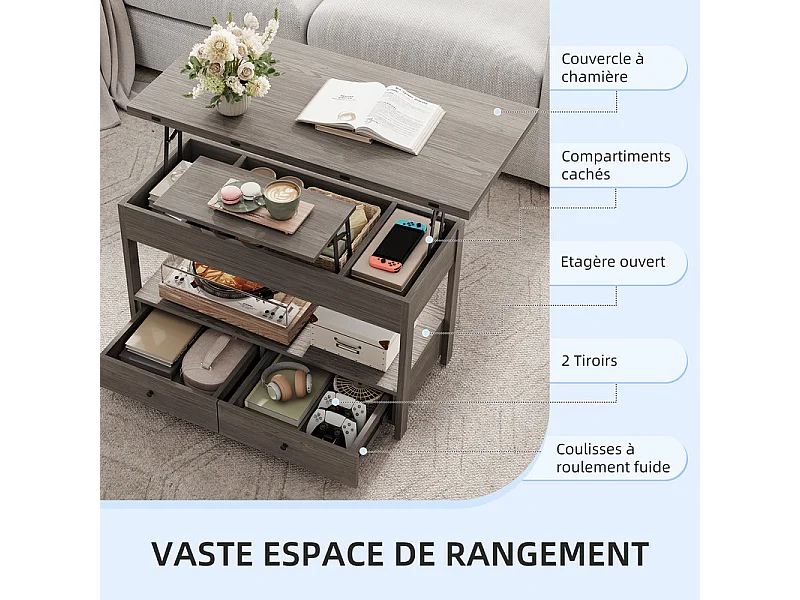 Verstelbare salontafel HAVENLYHOME - Opklapbaar blad, 2 laden & verborgen opbergruimte - 50x100x52-68 cm - Grijs