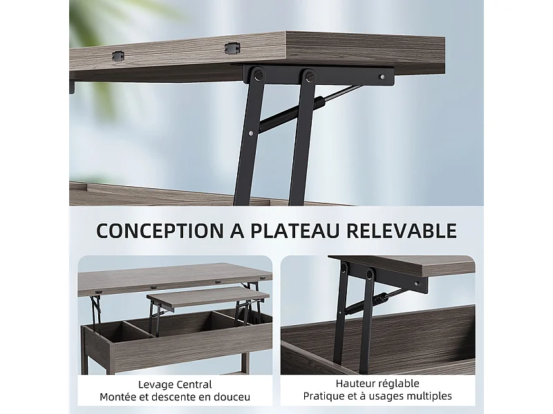Verstelbare salontafel HAVENLYHOME - Opklapbaar blad, 2 laden & verborgen opbergruimte - 50x100x52-68 cm - Grijs