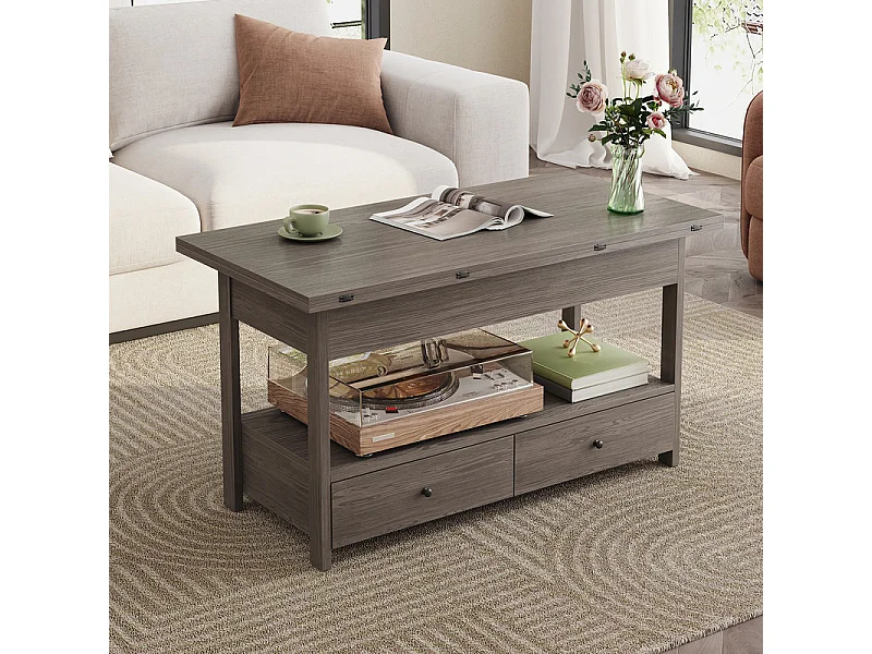 Verstelbare salontafel HAVENLYHOME - Opklapbaar blad, 2 laden & verborgen opbergruimte - 50x100x52-68 cm - Grijs