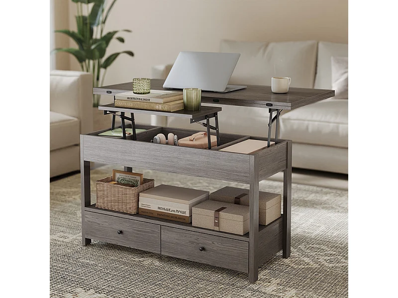 Verstelbare salontafel HAVENLYHOME - Opklapbaar blad, 2 laden & verborgen opbergruimte - 50x100x52-68 cm - Grijs