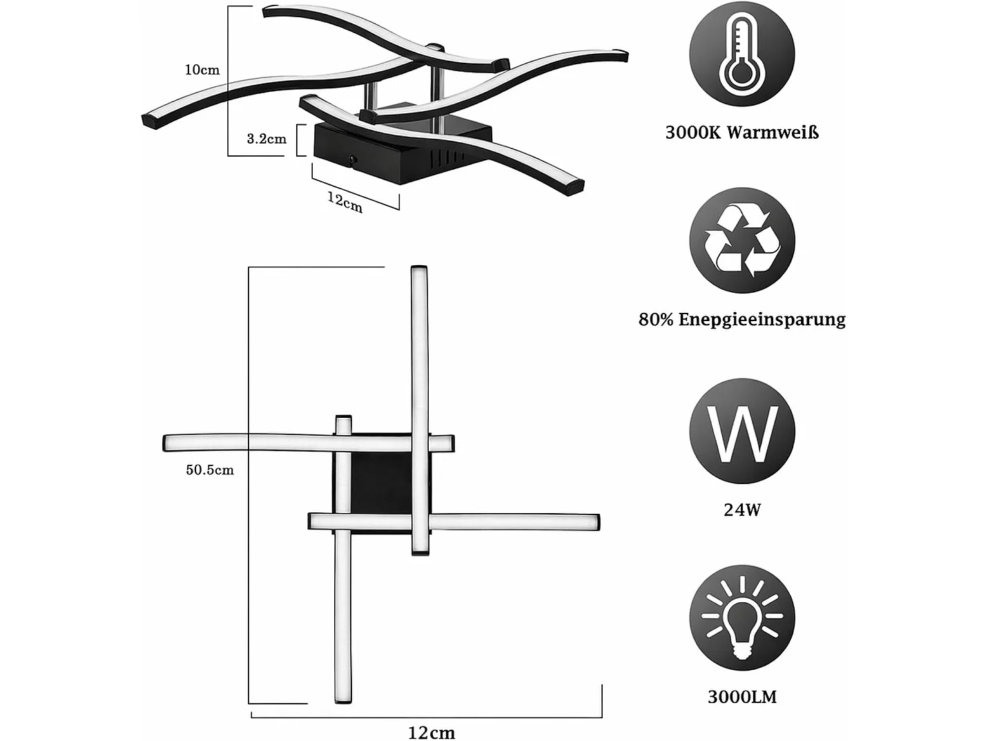ZMH Plafonnier LED Noir 24W Design Vague 3000K Blanc Chaud Pour Salon Chambre Cuisine Bureau