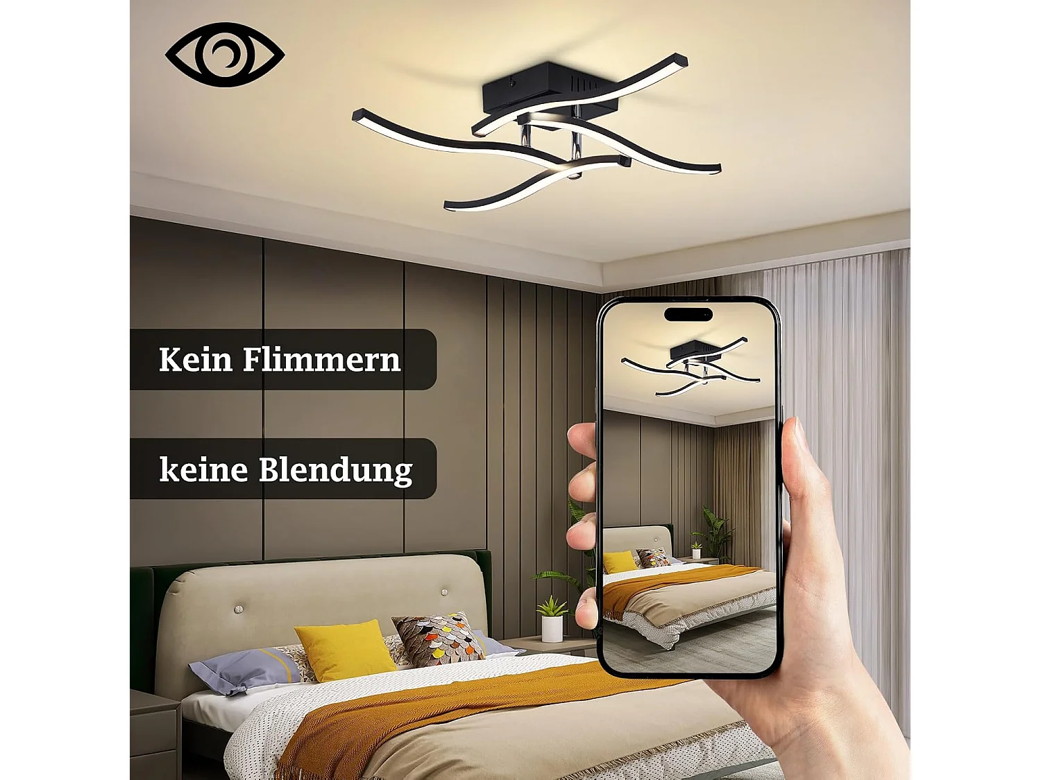 ZMH Plafonnier LED Noir 24W Design Vague 3000K Blanc Chaud Pour Salon Chambre Cuisine Bureau