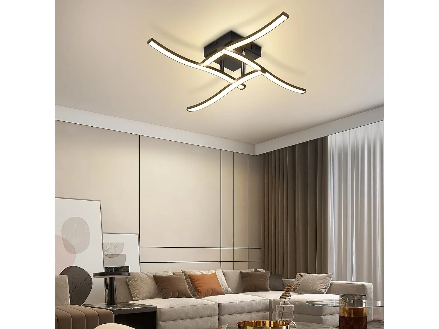ZMH Plafonnier LED Noir 24W Design Vague 3000K Blanc Chaud Pour Salon Chambre Cuisine Bureau