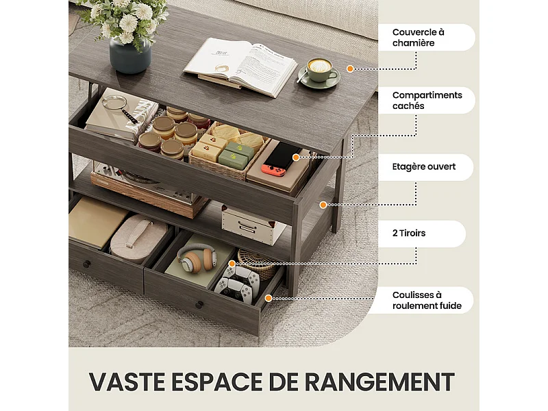 Verstelbare salontafel HAVENLYHOME - modern design, geïntegreerde opbergruimte - 49x104x46/62 cm - Grijs