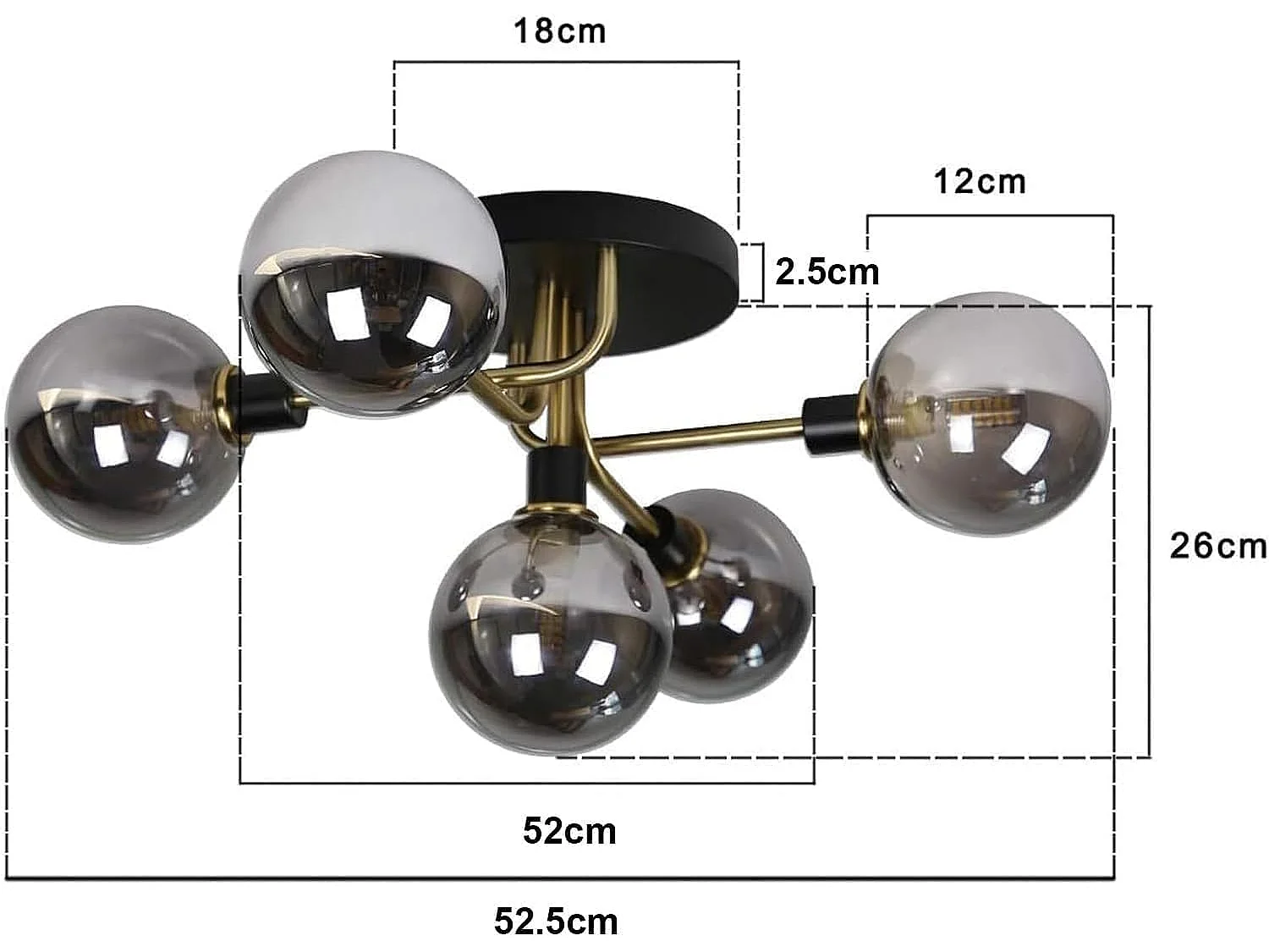 ZMH plafonnier 5 Lumières Vintage Verre Fumé Gris Métal G9 - Pour Salon Salle à Manger Cuisine (Sans Ampoules)