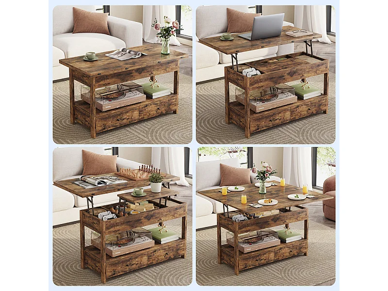 Table basse relevable HAVENLYHOME – Plateau pliant, 2 tiroirs & rangement caché – 50x100x52–68 cm – Marron