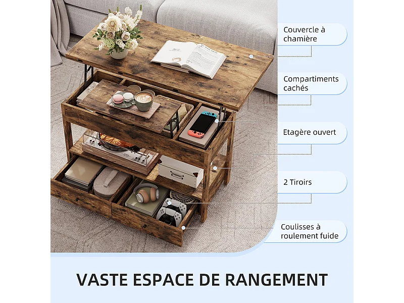 Table basse relevable HAVENLYHOME – Plateau pliant, 2 tiroirs & rangement caché – 50x100x52–68 cm – Marron
