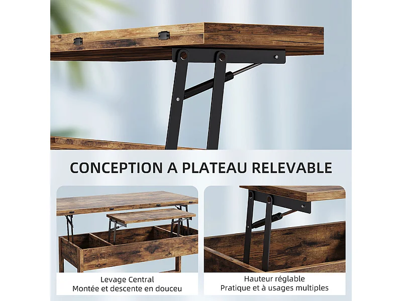 Table basse relevable HAVENLYHOME – Plateau pliant, 2 tiroirs & rangement caché – 50x100x52–68 cm – Marron