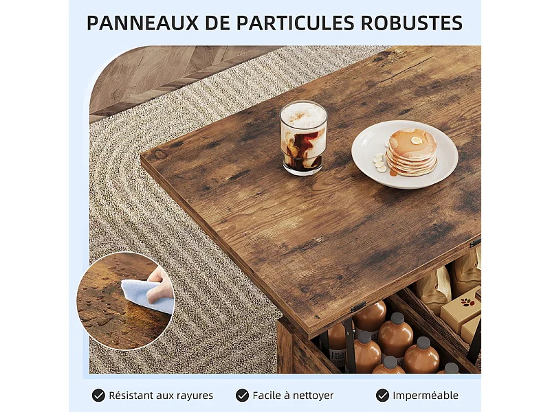 Table basse relevable HAVENLYHOME – Plateau pliant, 2 tiroirs & rangement caché – 50x100x52–68 cm – Marron