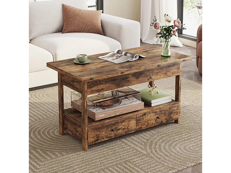 Table basse relevable HAVENLYHOME – Plateau pliant, 2 tiroirs & rangement caché – 50x100x52–68 cm – Marron