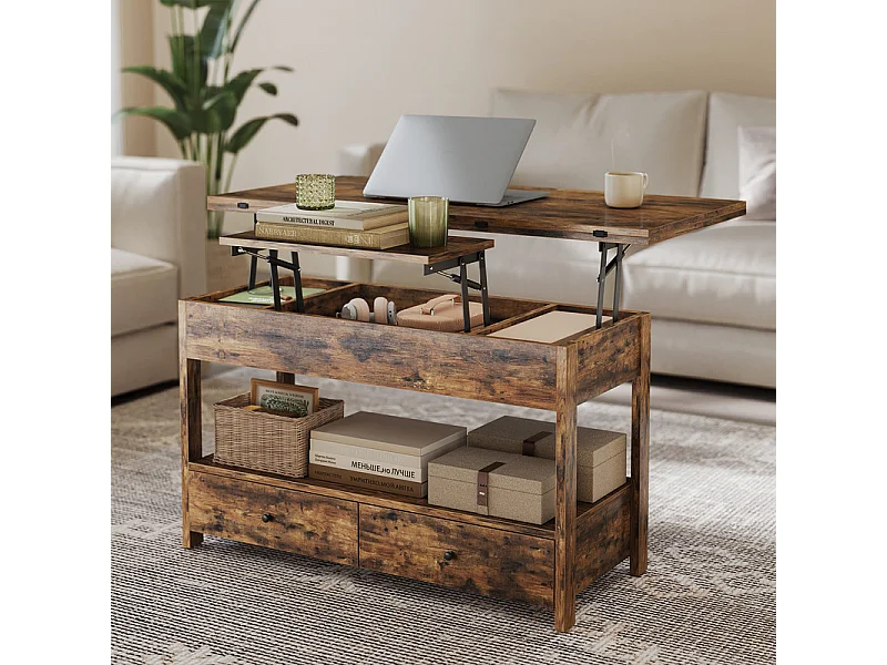 Table basse relevable HAVENLYHOME – Plateau pliant, 2 tiroirs & rangement caché – 50x100x52–68 cm – Marron