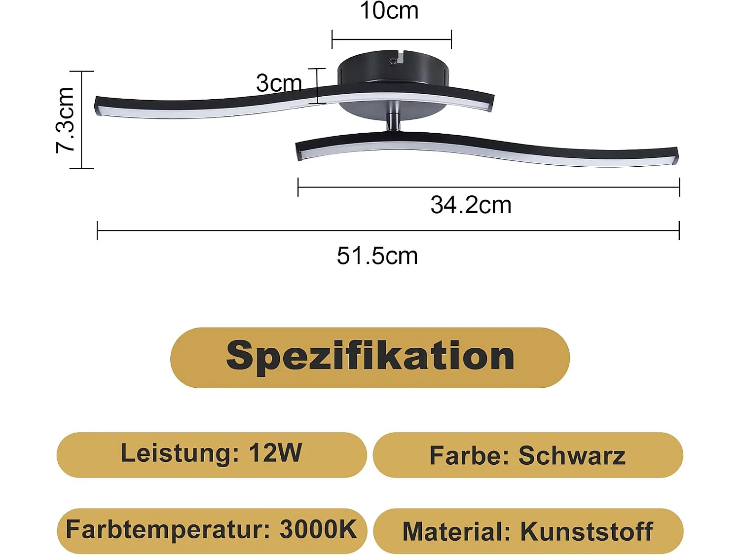 ZMH Plafonnier LED 12W Noir Design Vague 3000K Blanc Chaud Pour Salon Chambre Bureau Cuisine