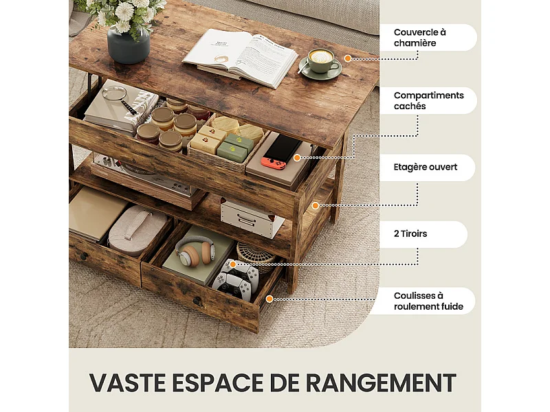 Table basse relevable HAVENLYHOME – Design moderne, rangement intégré – 49x104x46/62 cm – Marron