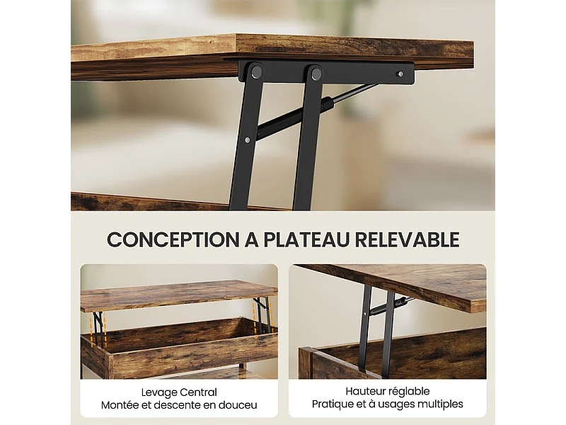 Table basse relevable HAVENLYHOME – Design moderne, rangement intégré – 49x104x46/62 cm – Marron