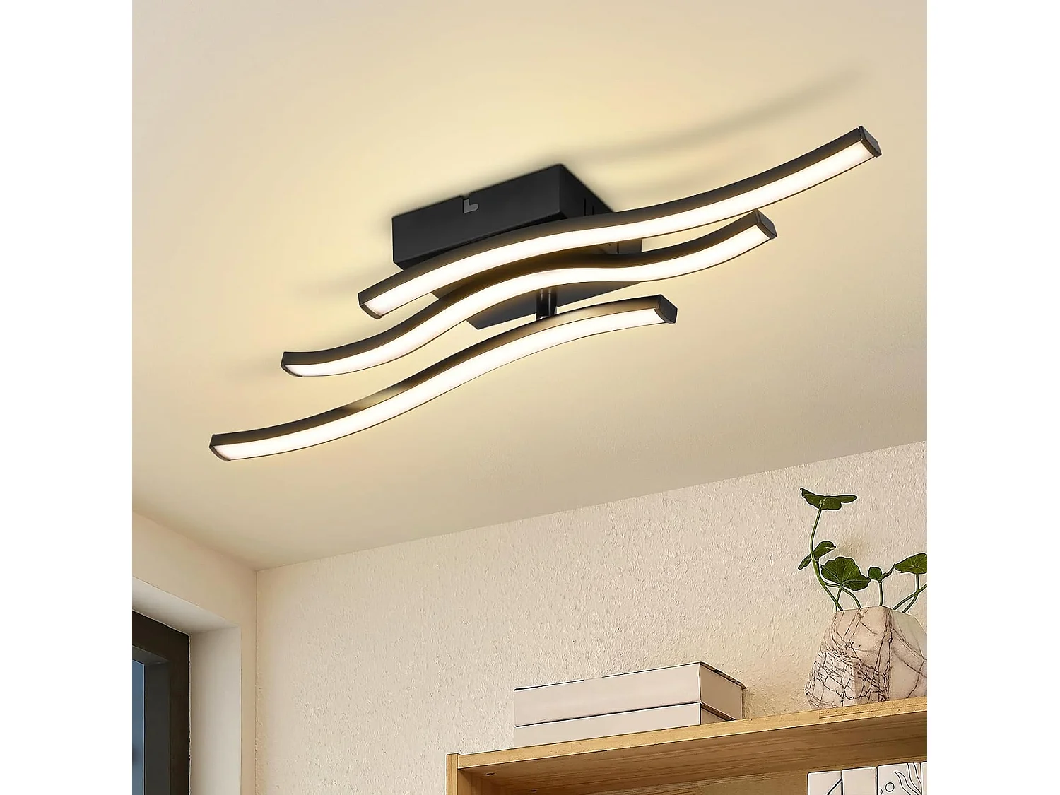 ZMH Plafonnier LED 18W Noir Design Vague 3000K Blanc Chaud Pour Salon Chambre Cuisine Couloir