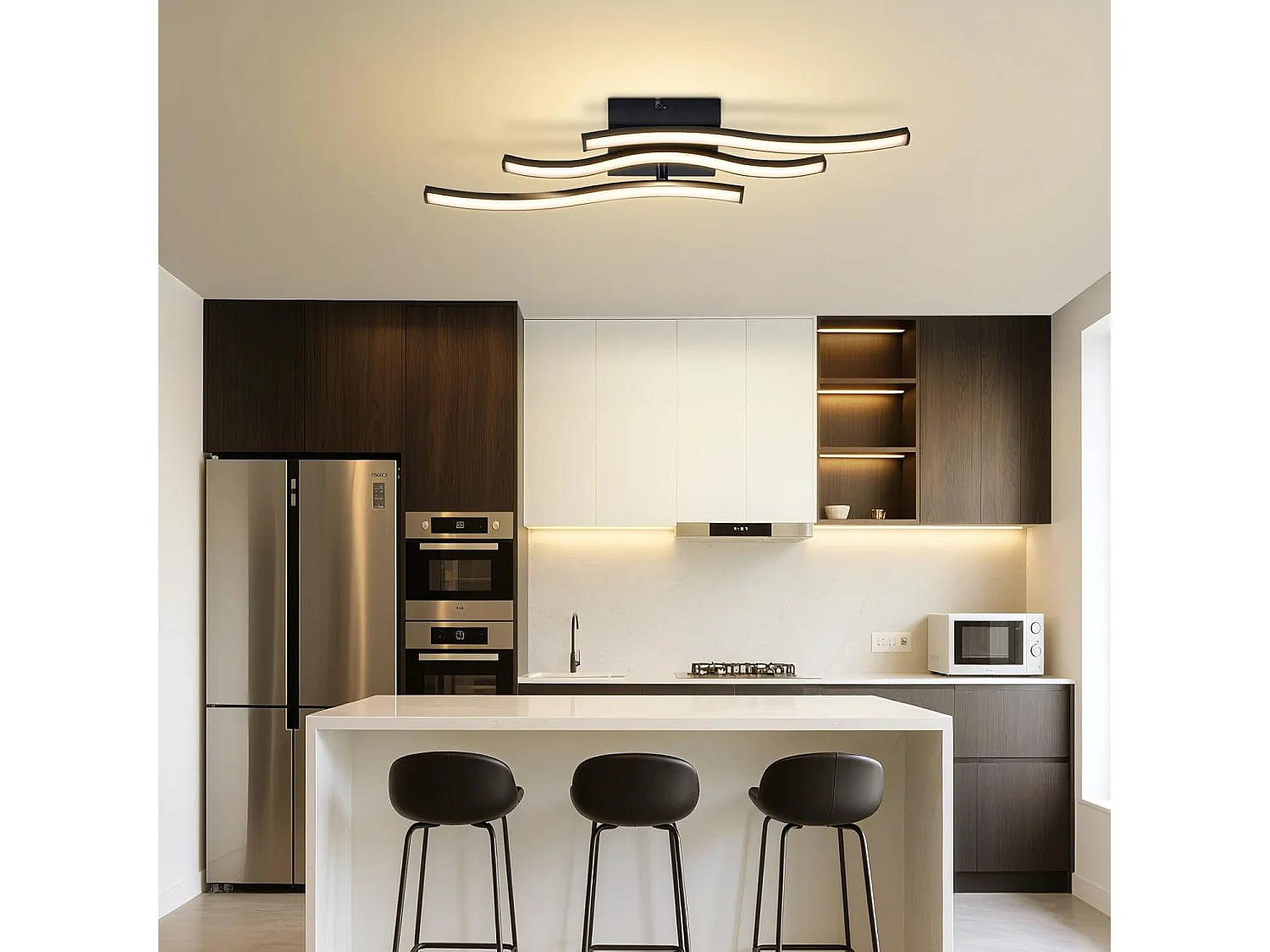 ZMH Plafonnier LED 18W Noir Design Vague 3000K Blanc Chaud Pour Salon Chambre Cuisine Couloir
