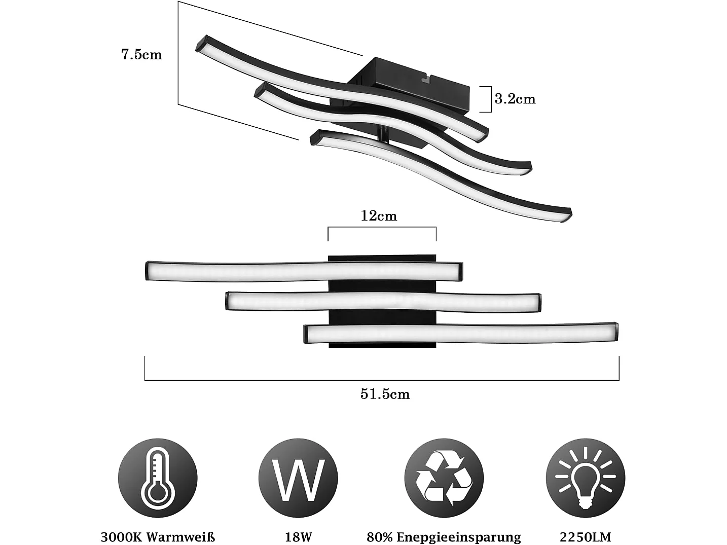 ZMH Plafonnier LED 18W Noir Design Vague 3000K Blanc Chaud Pour Salon Chambre Cuisine Couloir